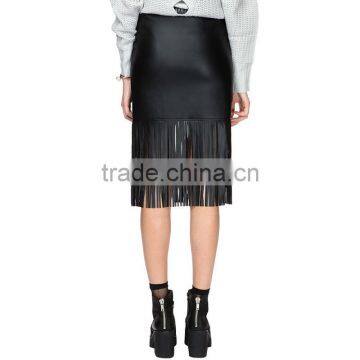 MGOO New Arrival OEM Services Women Black Faux Leather Midi Slinky Skirts With Tassels Bottom 15145A033 photo-3