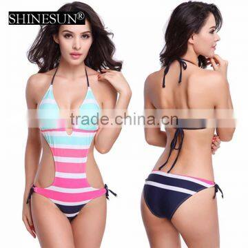 2017 Navy Design Strip One Piece Thong Sexy Micro Bikini Plus Size Swimwear photo-3