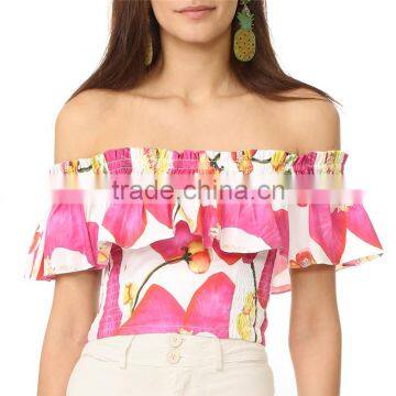 2017 Summer off Shoulder Bold Floral Print Flounce Best Blouses photo-2