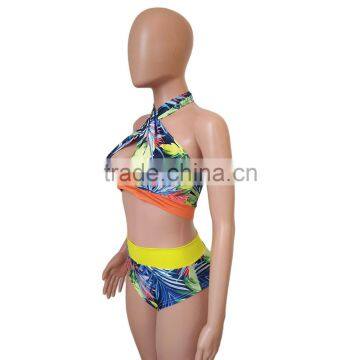 Polyester Bikini Backless Two Piece Printed Leaf Pattern Sold By Set photo-2