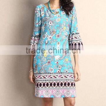 New Summer Women Dresses With Light Blue Floral Bell-Sleeve Shift Dress Women Flower Dress Women Clothes GD90426-54