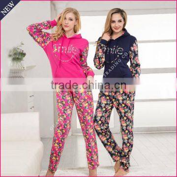 Top design women fancy flower printing pajama with hoody+ long pant winter women pajamas set wholesale