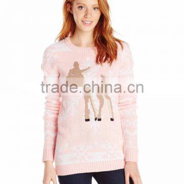 Women Pink Sweater Snowflake Pattern Christmas Pullover