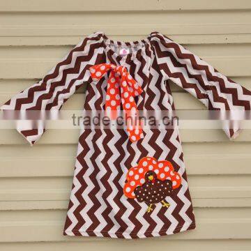 Toddler and infant girls thanks giving day chevron turkey applique boutique dress for wholesale