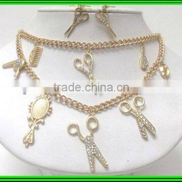 Double layer beauty shop theme dryer brush comb mirror dangle and crystal scissors charm chain necklace earring set