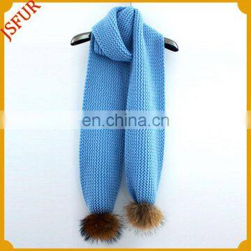 Latest design bulk sale genuine fur pom poms knitted scarf