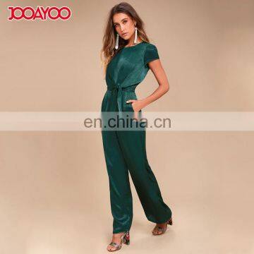 Dongguan Suppliers European Style Short Sleeve Satin Wide-leg Black Long Women One Piece Jumpsuit photo-2