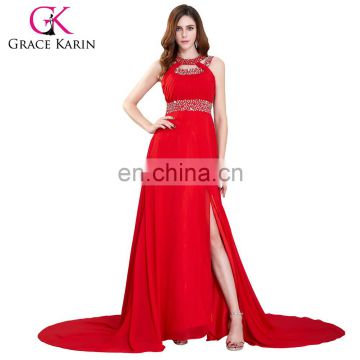 Grace Karin Crystal Beads Floor Length Red Long Evening Prom dress Chiffon Formal Long Gown Women Wedding Party dresses CL6248