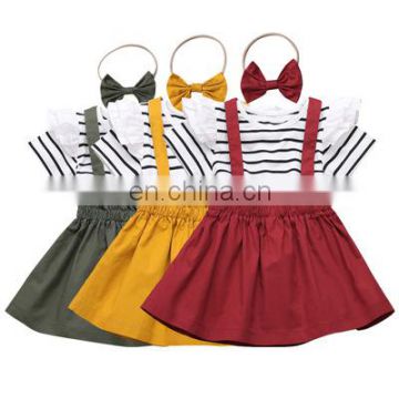 3Pcs Toddler Kid Baby Girl Clothes Striped Top T-shirt Strap Skirt Outfit Set