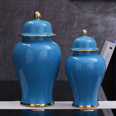 Living Room Hallway Tea Dining Table Nordic Style Blue Gild Large Ceramic Vase With Lid