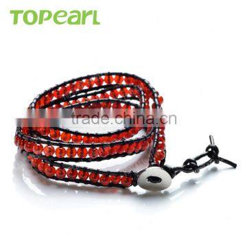 Topearl Jewelry Red Agate Bracelet Woven Leather Wrap Jewelry Bracelet CLL169 photo-2