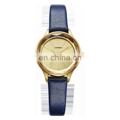 SINOBI Elegant Fashion Lady Watch Dazzling Diamond Cutting Glass Simple Dial Leather Band Quartz Movement S9763L