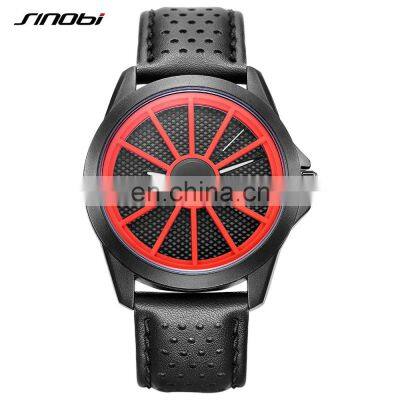 SINOBI Creative Watches Men Car Wheel Watch Breathable Holes Leather Band Quartz Watches  S9779G