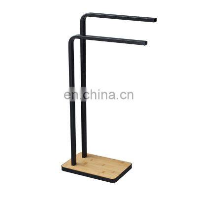 New Black Bath Towel Stand Tower Holder With Two Arms Hand Free Standing Bathroom Wooden Bamboo Towel Rack