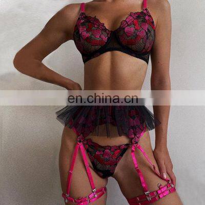 2022 Summer New 4PCS Girls Wearing Heart Embroidery Lingerie Sets Lace with Skirt