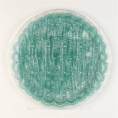 Wholesale Luxury Clear And Green Colored Blue Rimmed Glass Charger Plate For Wedding Decoration Tableware