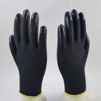 Black Polyester Knitted Black Nitrile Palm Coated Safety Work Gloves for Construction Workplace Workshop Plant Workers Wearing photo-5