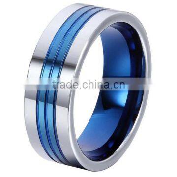 Blue&Silvery Tungsten Band Ring ,Grooves in the Center and Matte Finish Rings