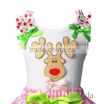 Girls Colorful Polka Dots Ruffles Xmas Reindeer White Tank Top