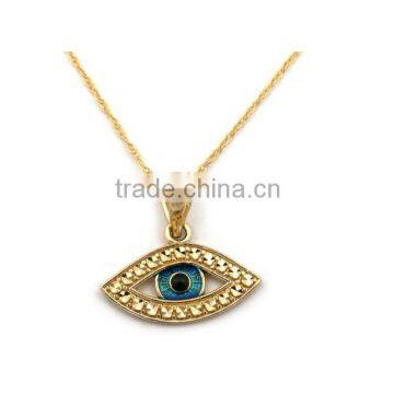 14K Yellow Gold Blue Enamel Diamond Cut Evil Eye Pendant Necklace