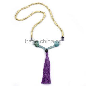 Original Natural Blue Turquoise Beads Natural Stone Wood Beads Chain Dull Polish Alloy Ball Long Tassel Necklace