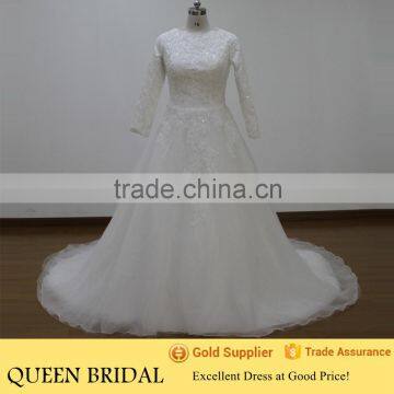 Real Sample Sequined Lace Patterns Muslim Long Sleeve Wedding Dresses For Fat Woman