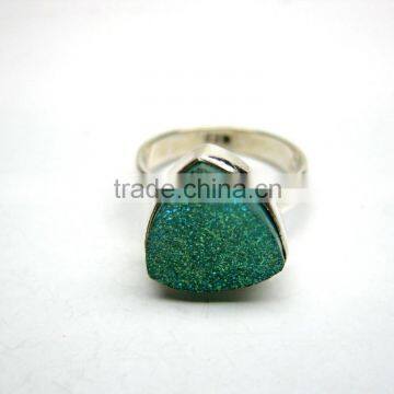 Coated Golden Dream Green Druzy Trillion Sterling Silver Jewelry, 925 Solid Sterling Silver Gemstone Ring,Designer Druzy Jewelry