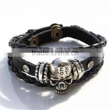 Human Skeleton Wooden Beaded Bronze Leather Cord Bracelet