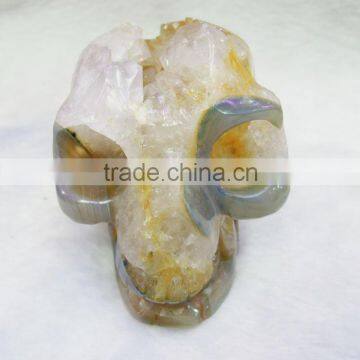 3" 0.31KG Hand Carved Yellow Agate Geode Crystal Skulls for Hand Playing photo-2