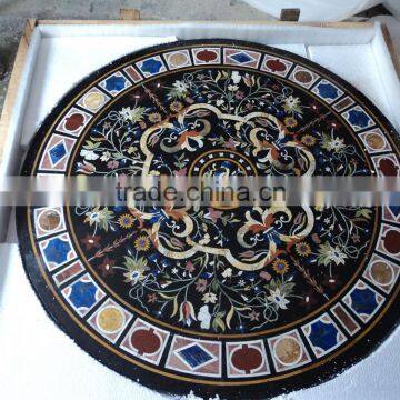 Marble Black Round Stone Inlay Dinning Table Top Pietra Dura Table Top