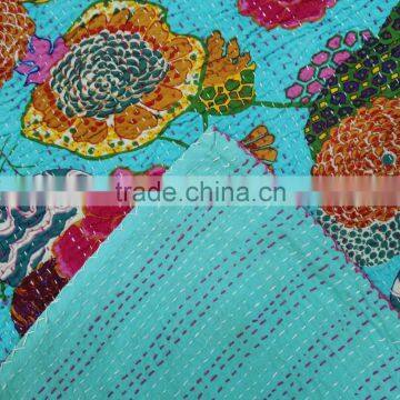 Turquoise Color KANTHA QUILT FLORAL COTTON BEDSPREAD BLANKET THROW COVERLET Flower