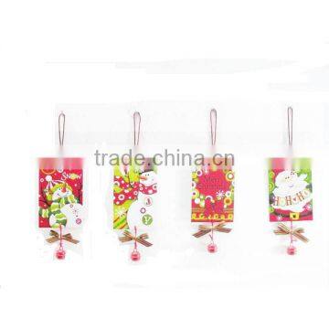 Small wholesale wood Merry christmas snowman plque with smal hot pink bells