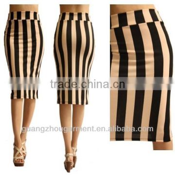 Sexy Vertical Stripe Print High Waist Straight Pencil Knit Skirt Knee Length