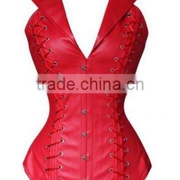 Fashionable Lapel Lace-Up Faux Leather Solid Color Women's Corset photo-4