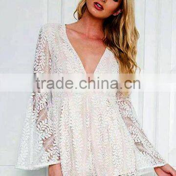 Ladies Fashion White Lace v Neck Long Flare Sleeve Adult Romper photo-2