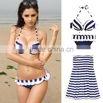 Women Old Fashion Cross Stripe Bikini Padded Beach Push Up 3-piece Swimsuit SV000503