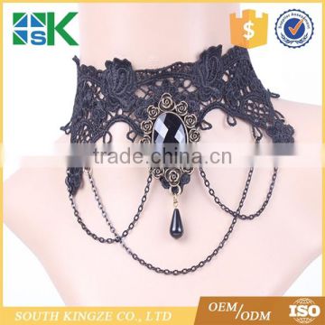 Black Lace Pearl Necklace European American Retro Jewelry Inlaid with Precious Stones Fake Collar Lace Chokers for Women