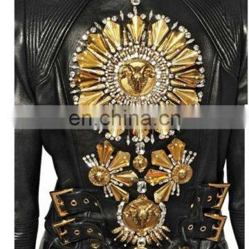 Women's Faux Leather zip closure Long sleeve Bolero Imitation Leather Jacket bomerJacket Blazer with applique beads embroidery