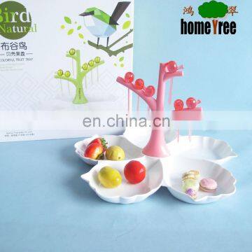 Food Grade Plastic Fruit Plate Tree Shape Fruit Plate 5 Section Dry Fruit Plate With Cockcoo Toothtick For Home