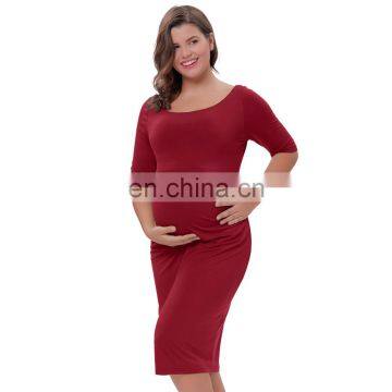 Kate Kasin Women Comfortable Half Sleeve Crew Neck Dark Red Cotton Maternity Summer Party Dress KK000502-1