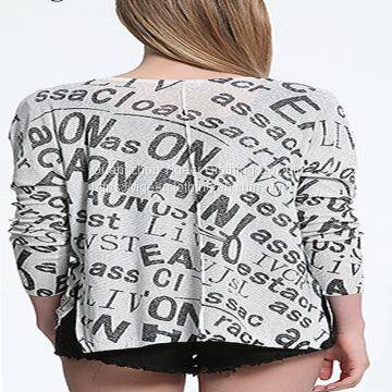 Long Sleeve Printed Word Round Neck Knitted Top Shirt photo-4