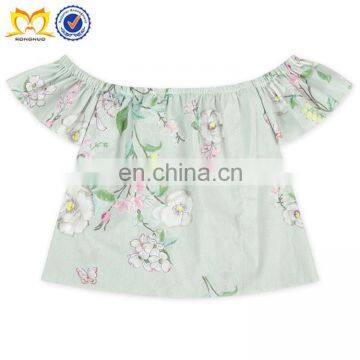 Vintage Baby Girls Green Flower Off Shoulder Design Children Top Cool Kids Girls Trendy Shirts