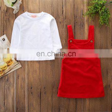 Girl Spring Autumn Outfit Kids white long sleeve tops + red dress 2PCS Set for 2-7T