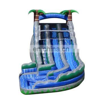 Dual Lane Palm Tree Inflatable Curve Water Slide With Pool