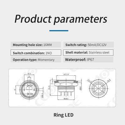 Ip67 16mm Ring Led Red Illuminated 12v 1no 4 Pin Push Button Micro Switch Self Recovery photo-3