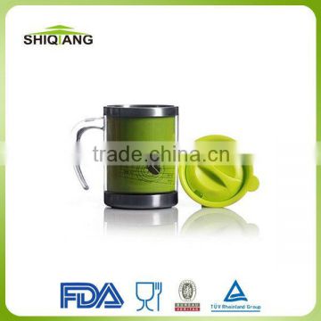 Eco friendly bpa free 14oz colored double wall stainless steel inner plastic outer souvenir mug