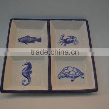 Marine series of embossed 3D ceramic four grid plate