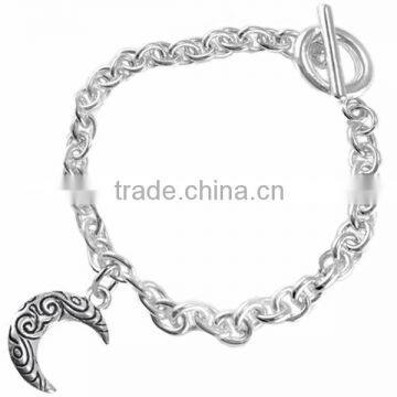 Crescent Moon Charm With Antiqued Swirl Pattern Charm Chain Link Bracelet photo-2