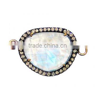 Unique 2 loop Rainbow Moonstone Jewelry Finding Sterling Silver Gemstone Jewelry Connectors, Gemstone Connectors Wholesaler