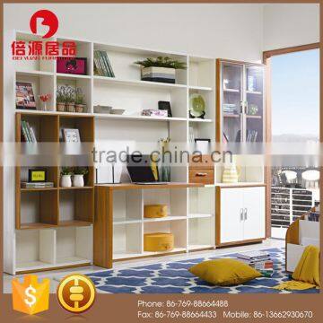 Modern wooden white high glossy and teak veneer color combined bookcase set